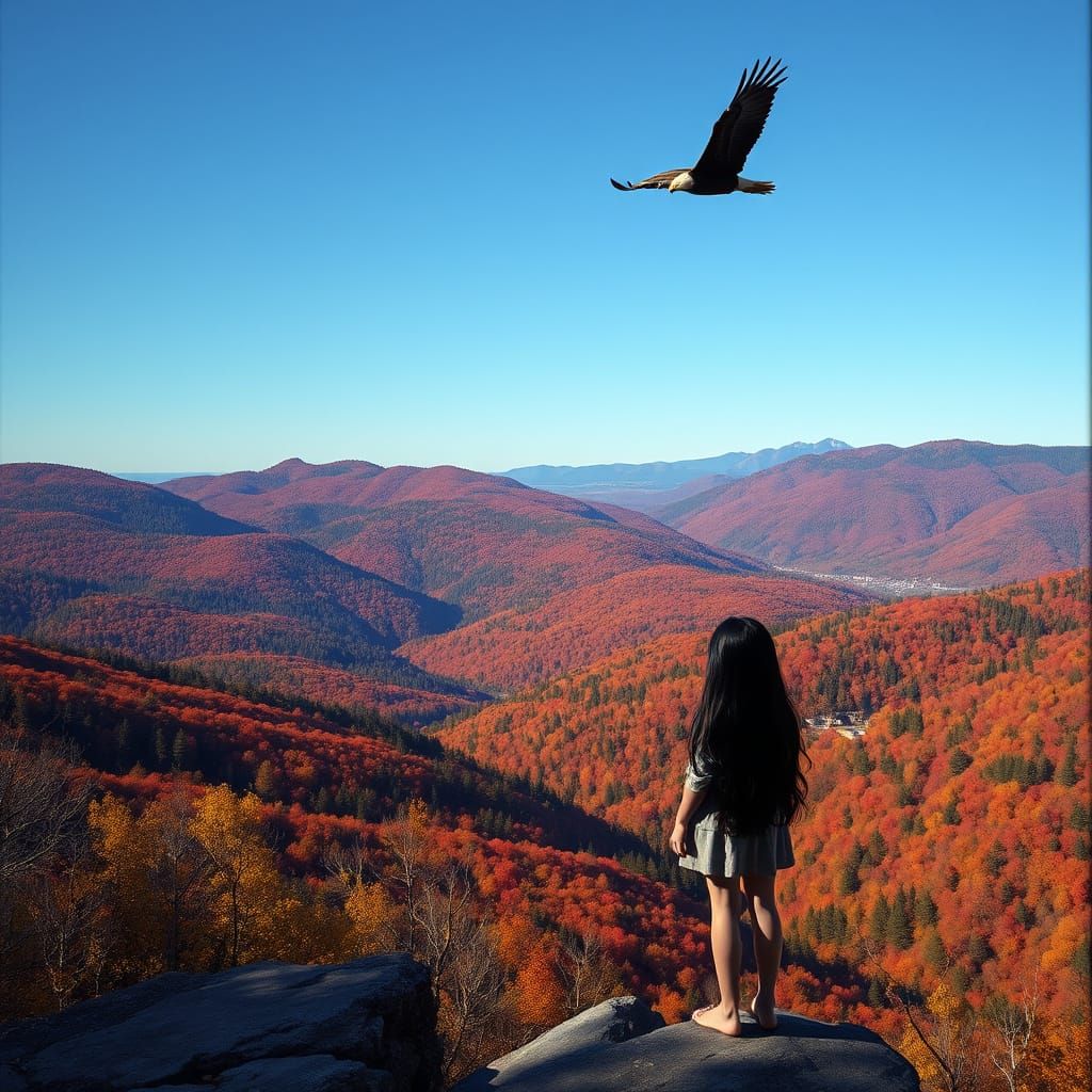 Autumn Landscape with Girl and Soaring Eagle