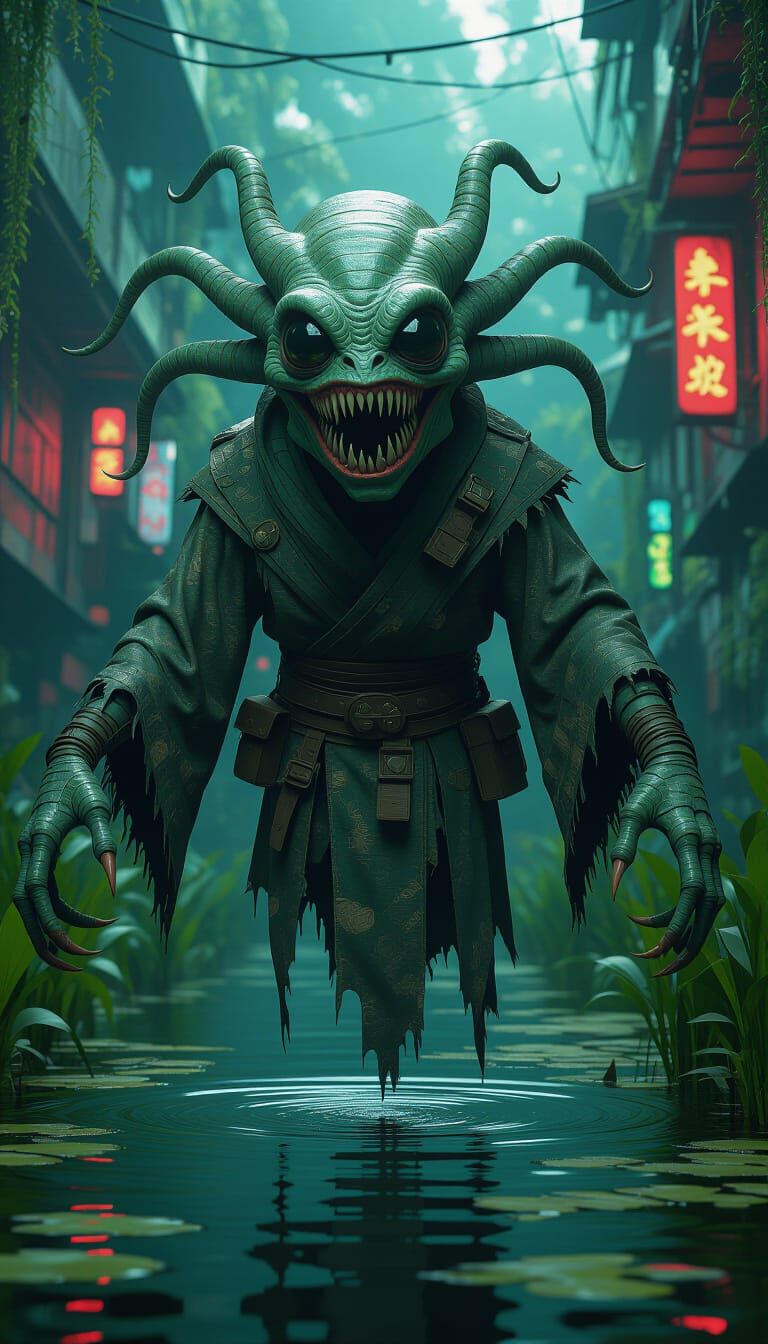 Bizarre Alien Hovering Over Cyberpunk Swamp