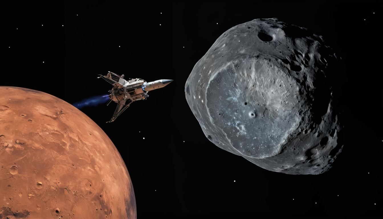 Rocket Orbits Mars with Phobos: Cinematic Still