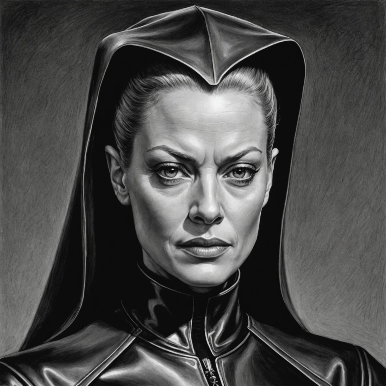Seven of Nine: Rubberized Nun Habit Charcoal Drawing