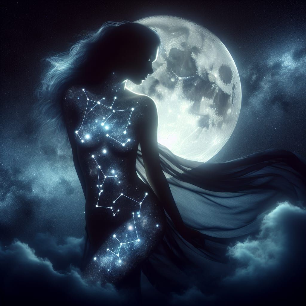 Celestial Stardust Woman Floating Before Moon