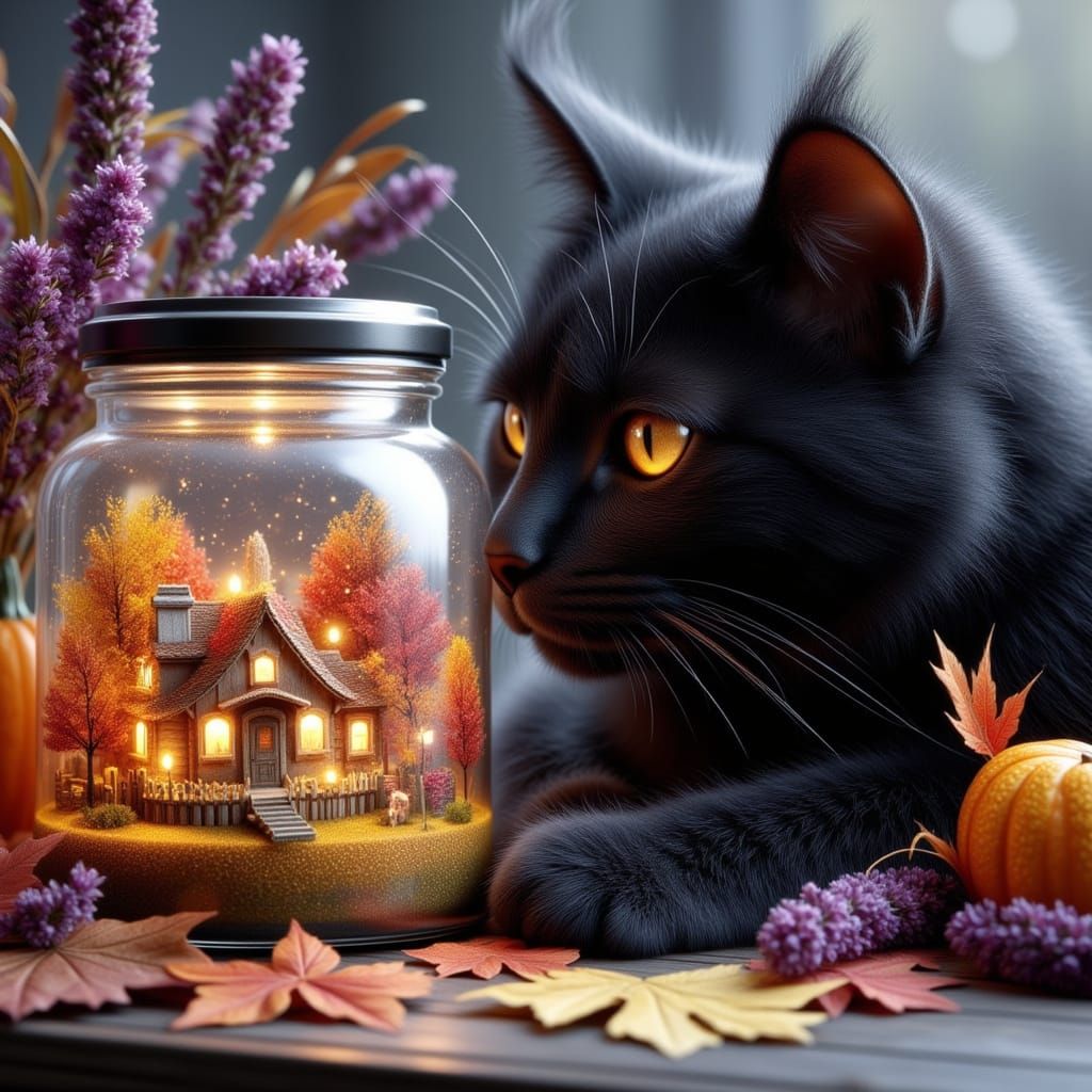 Hyperrealistic Black Cat Peeking into Fairy Village