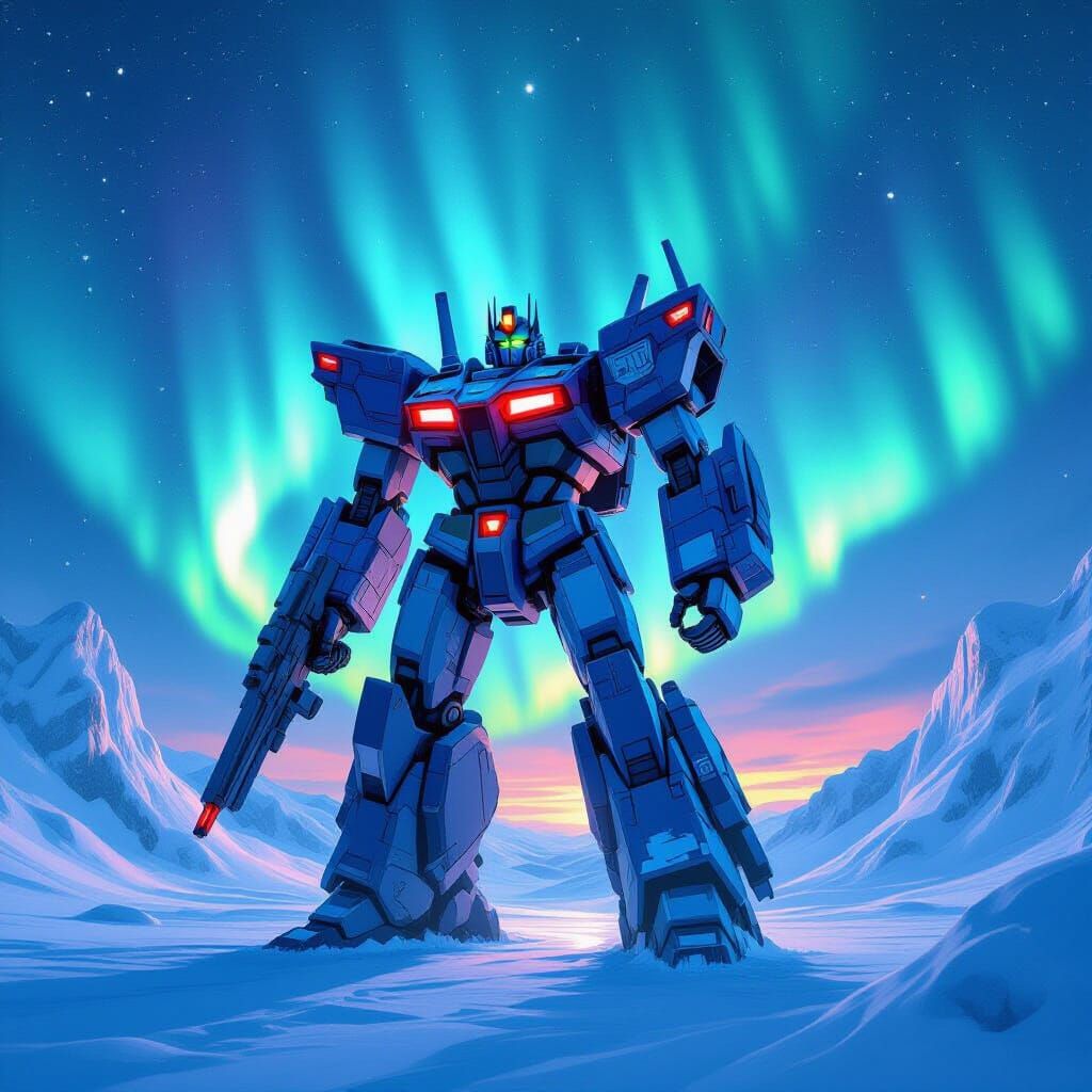 Giant Autobot at North Pole Under Aurora Borealis