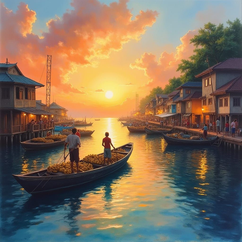 Sunset Harbor Scene in Gouache Watercolor Style