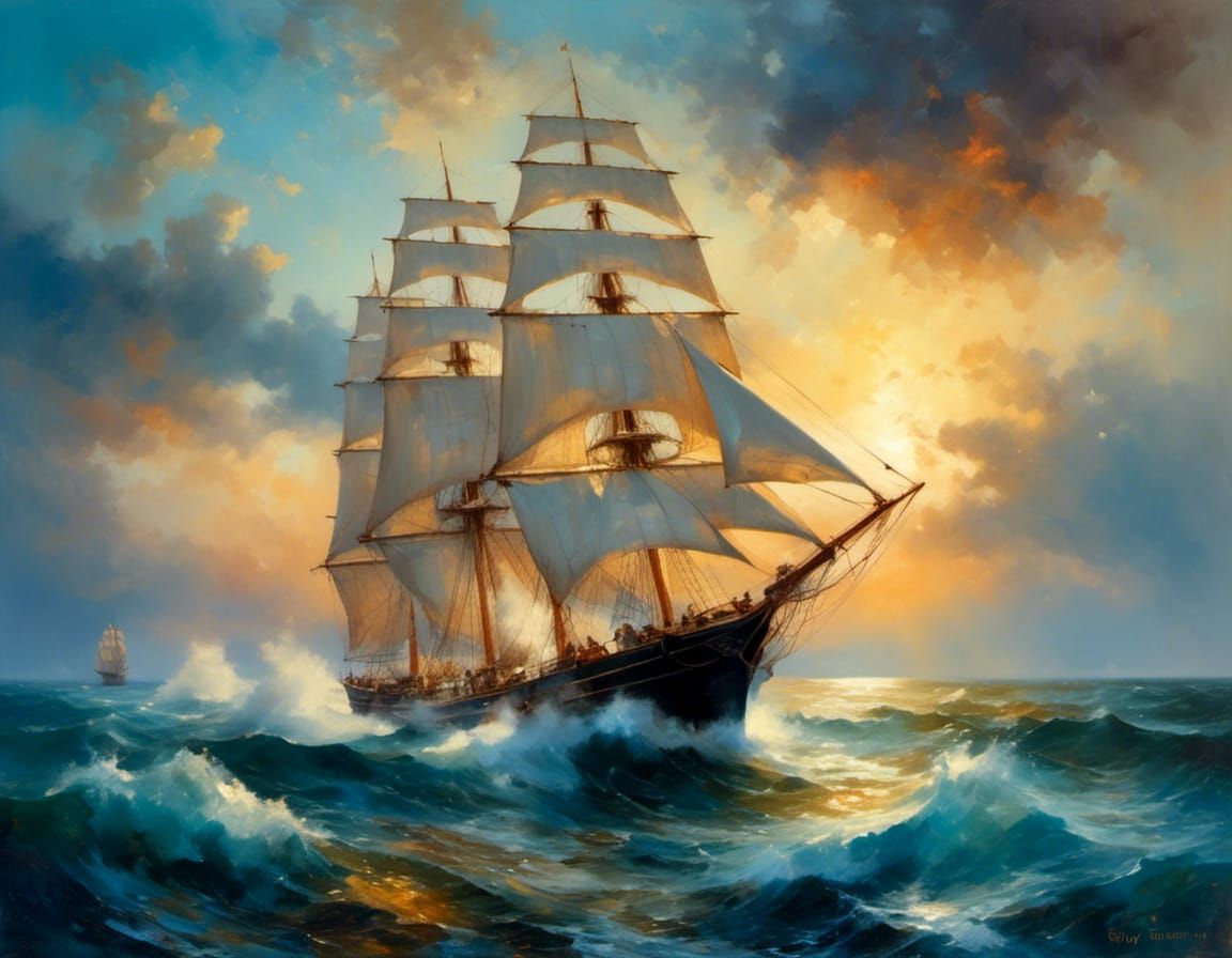 Schooner on stormy water