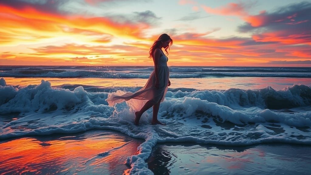 Ethereal Water Woman Walking on the Shore