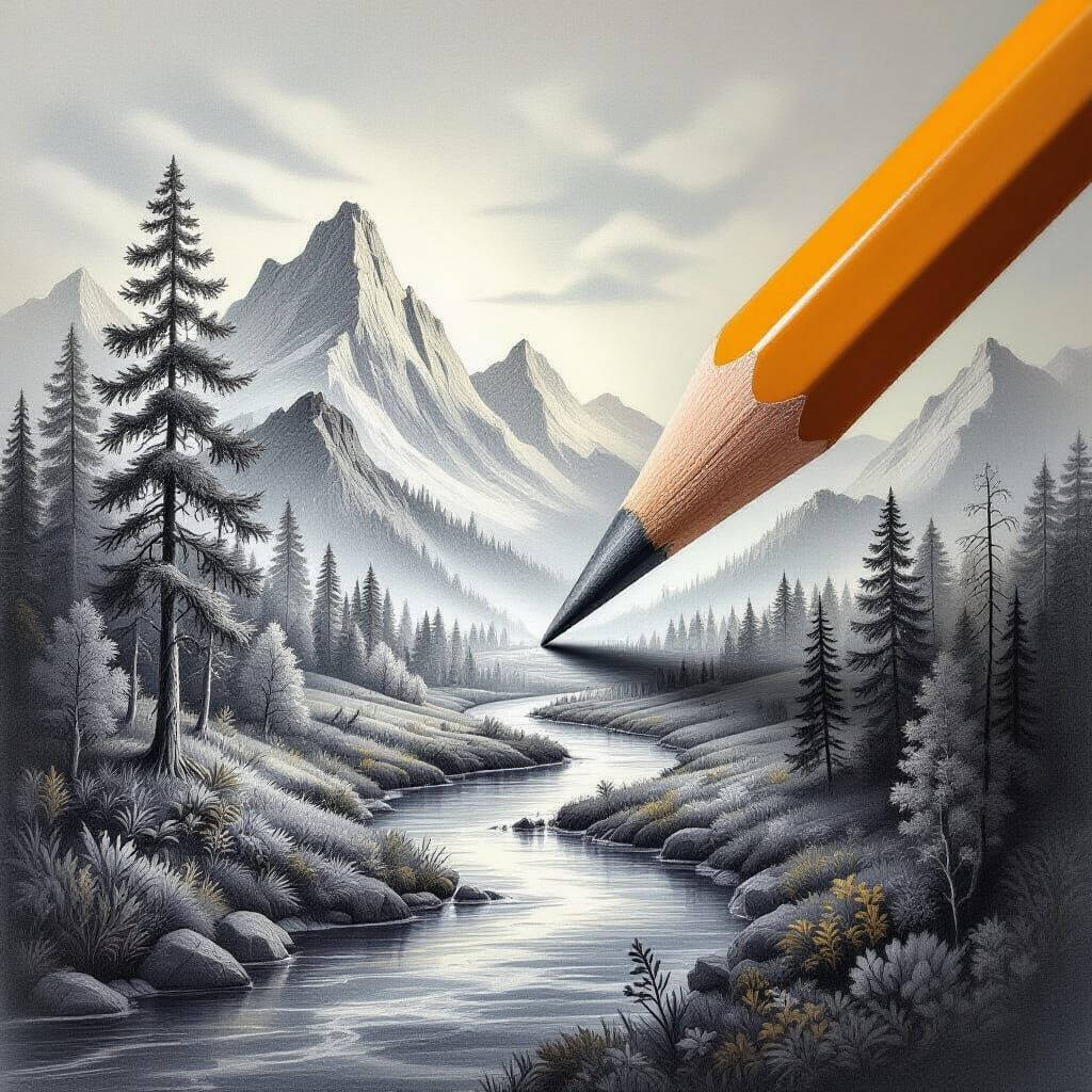 Pencil Sketch Transforms Into Surreal Landscape