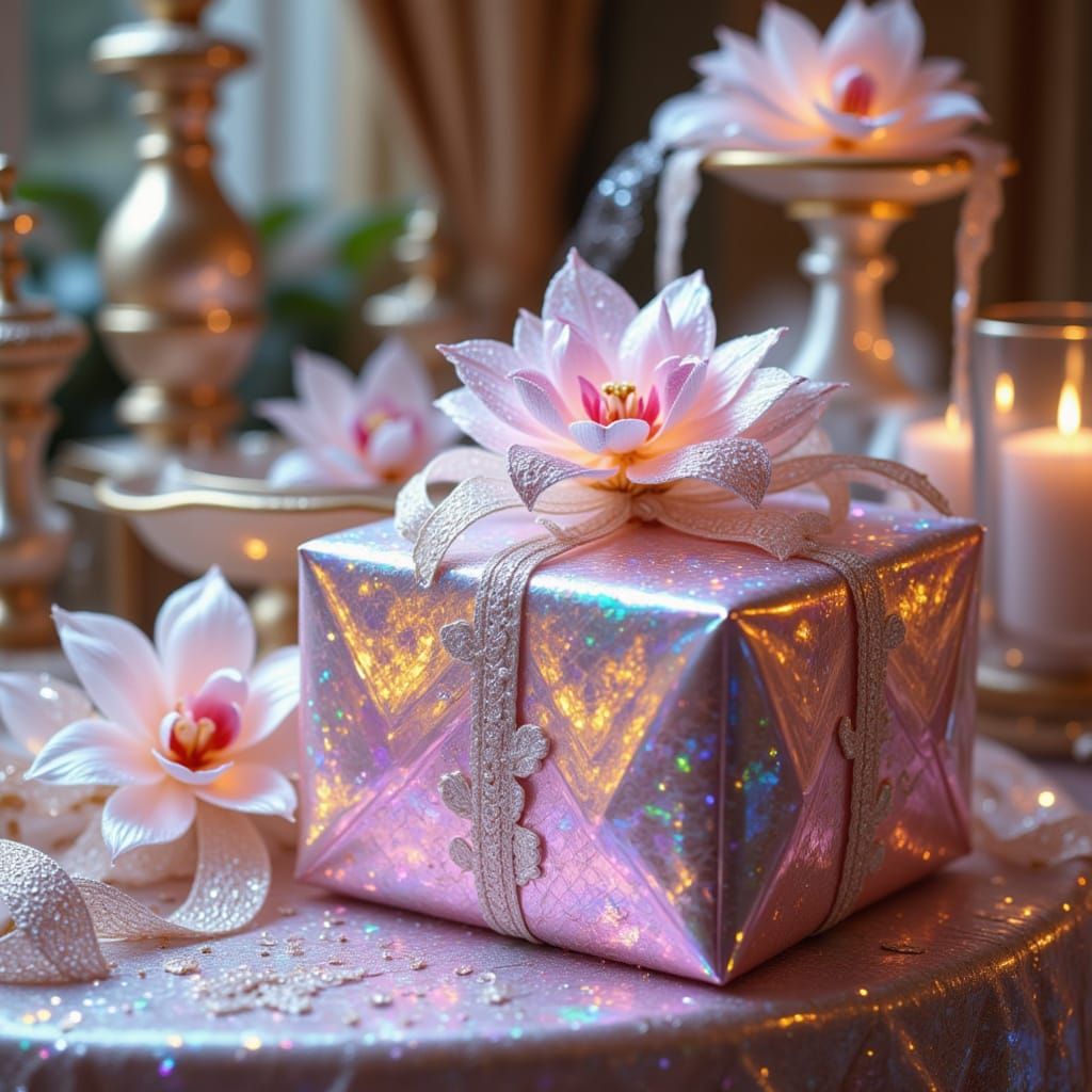 Iridescent Gift with Silk Ribbon on Elegant Table