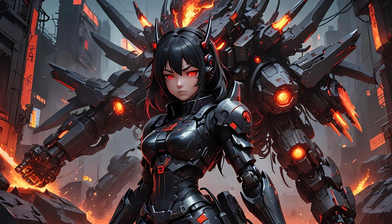 Cyberpunk Anime Girl Battles Molten Demon in Dystopia