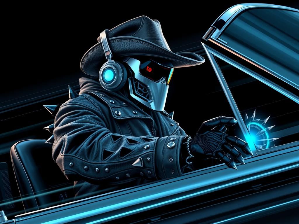 Robot Cowboy Rides in 1966 Mustang, Comic Book Style