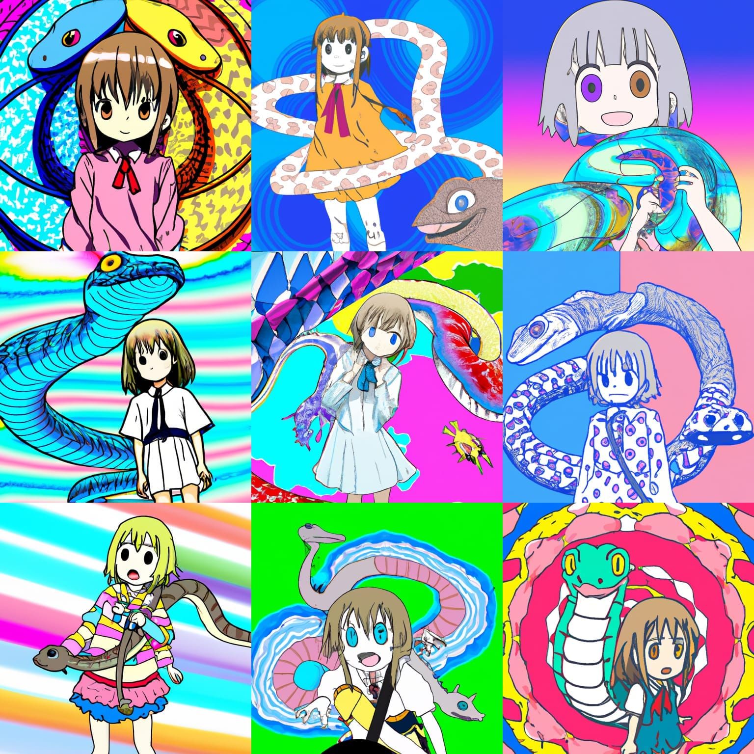 Anime Girls with Snakes in Psychedelic Optical Illusion