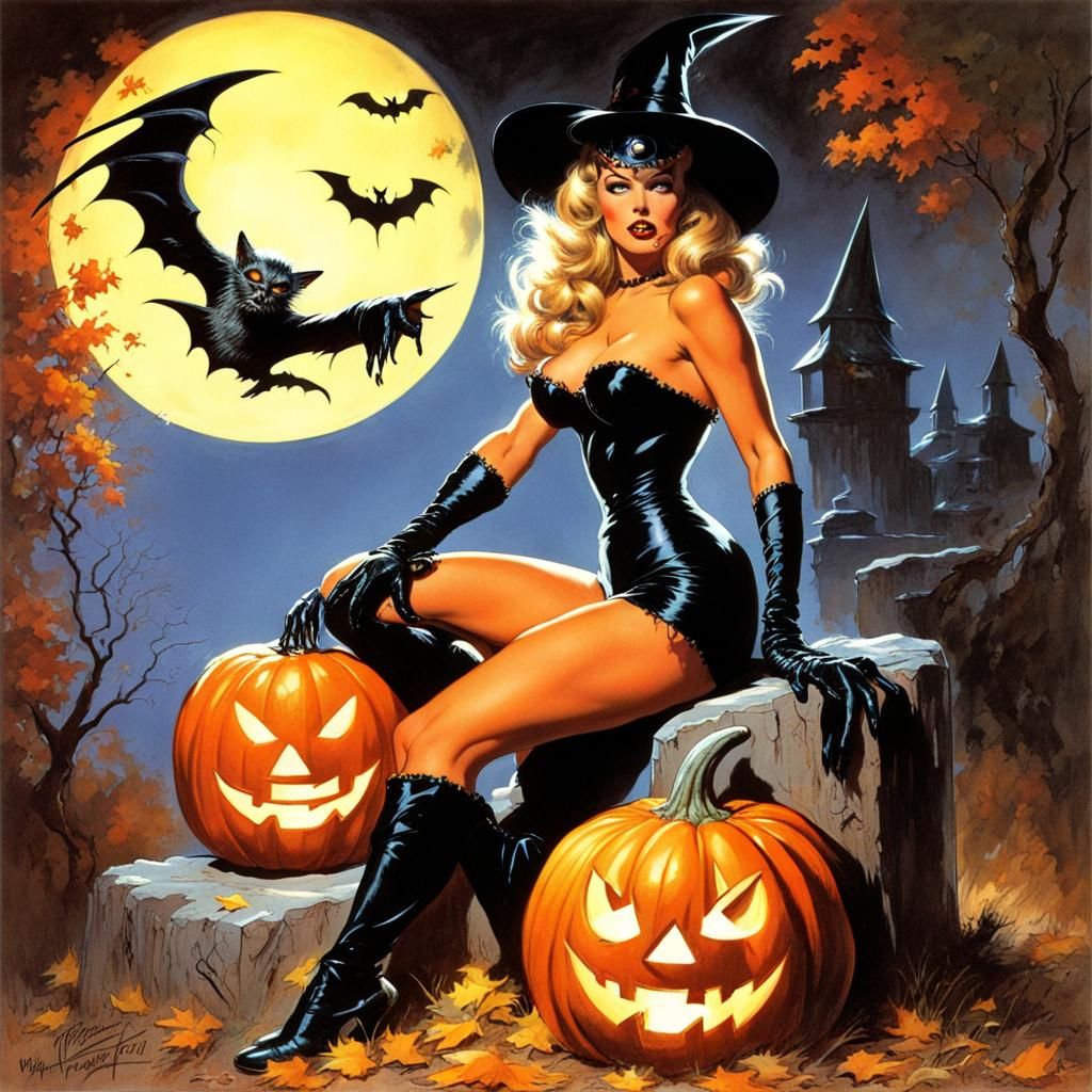 Halloween Pinup Girl in 80s Comic Style