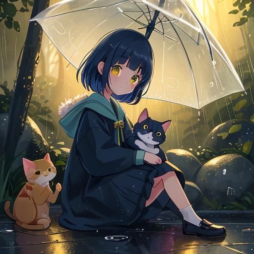 Girl and Cat Share Umbrella on Rainy Road