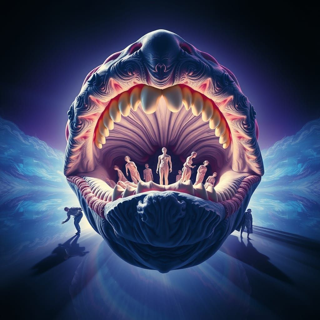 Surreal Mouth Emitting Ethereal Figures in Dreamlike Void