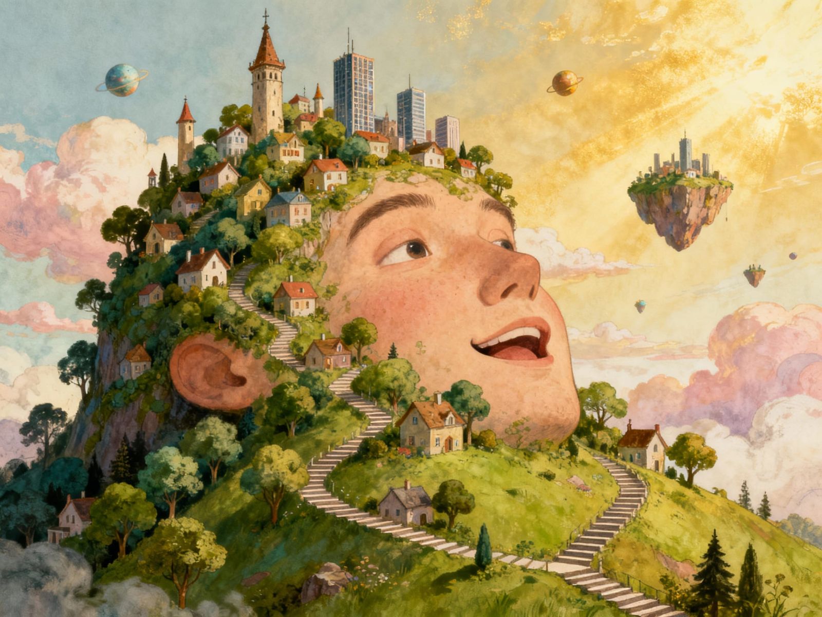 Whimsical Face Hill with Miniature City and Floating Islands