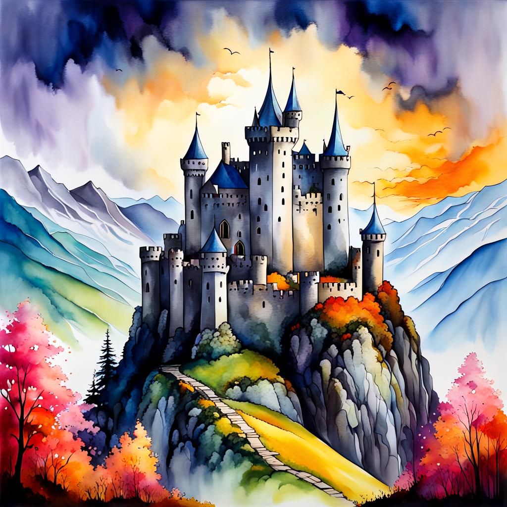 Silver Fox in Ruined Castle: Alcohol Ink Landscape