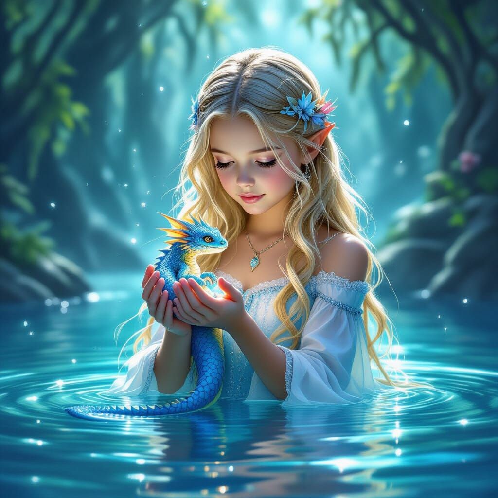 Elven Princess Holds Baby Dragon in Enchanting Pool