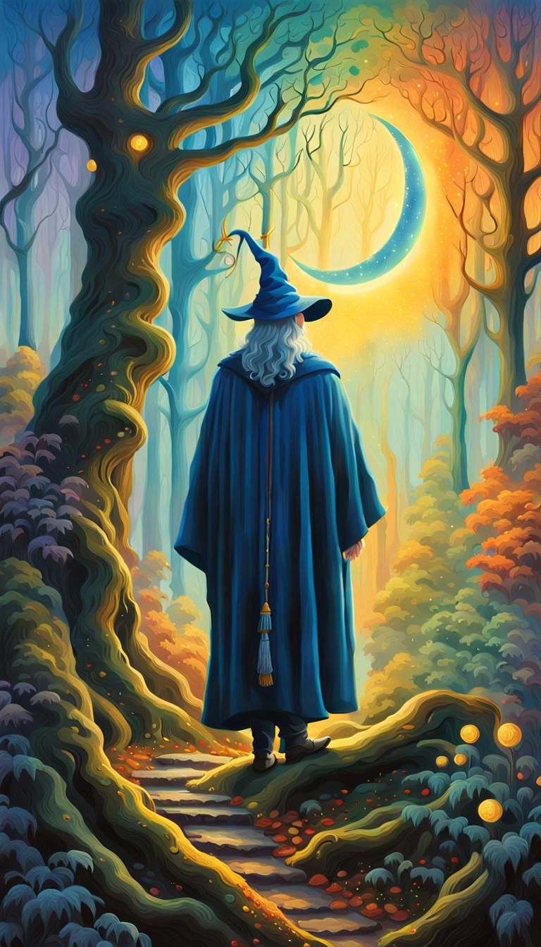 Wizard in Enchanted Forest: Magical Realism Oil Painting