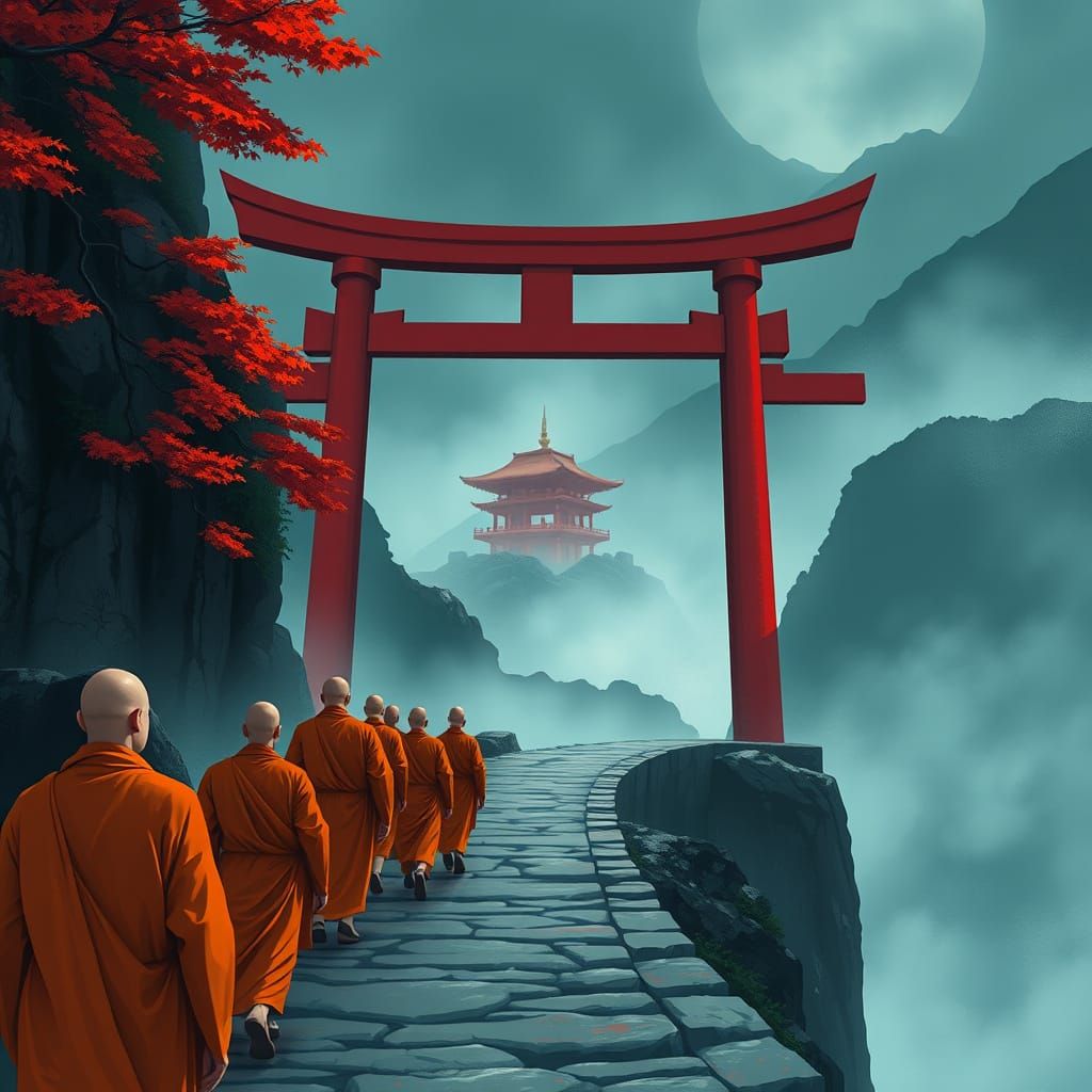 Sacred Torii Gates in Anime-Inspired Watercolor Style