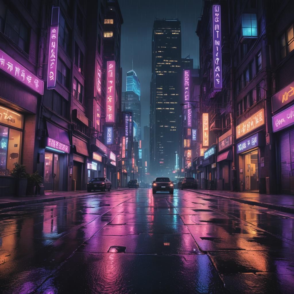 Noir Cityscape at Night in Digital Painting Style