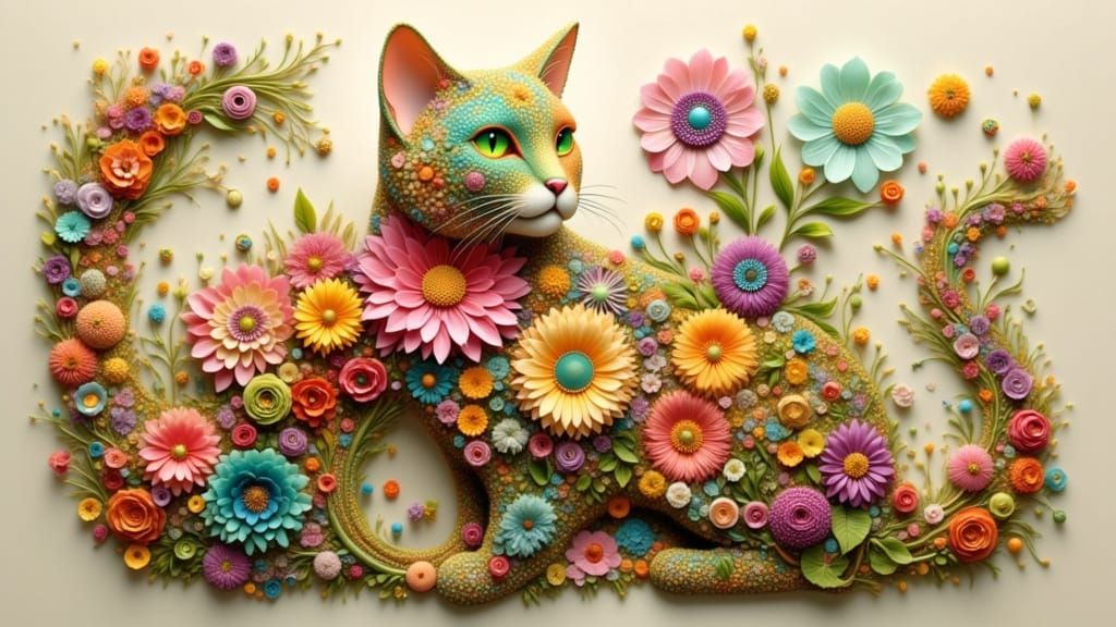Whimsical Flower Cat Sculpture in Vibrant Bloom