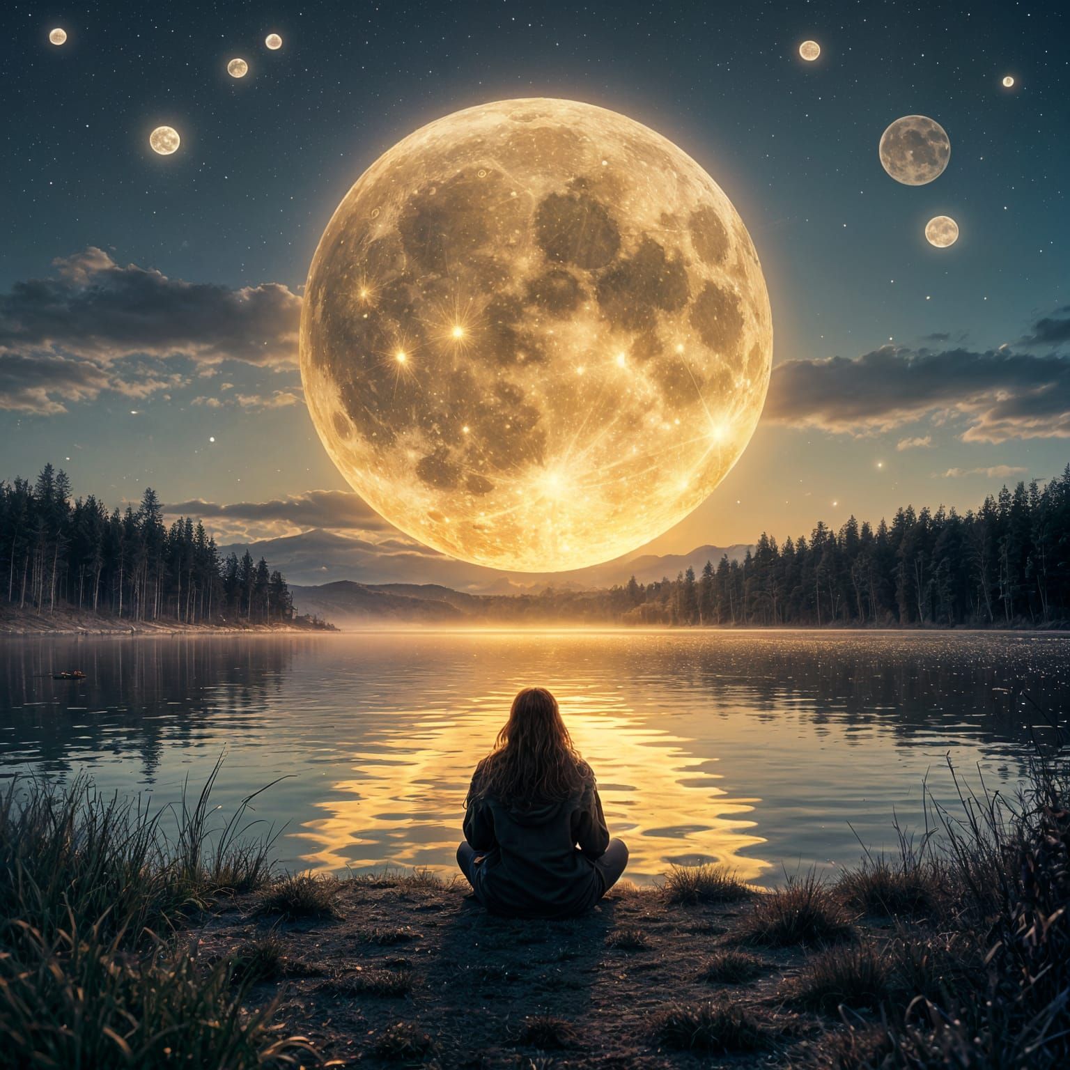 Dreamlike Cheese Moonrise over a Golden Honey Lake