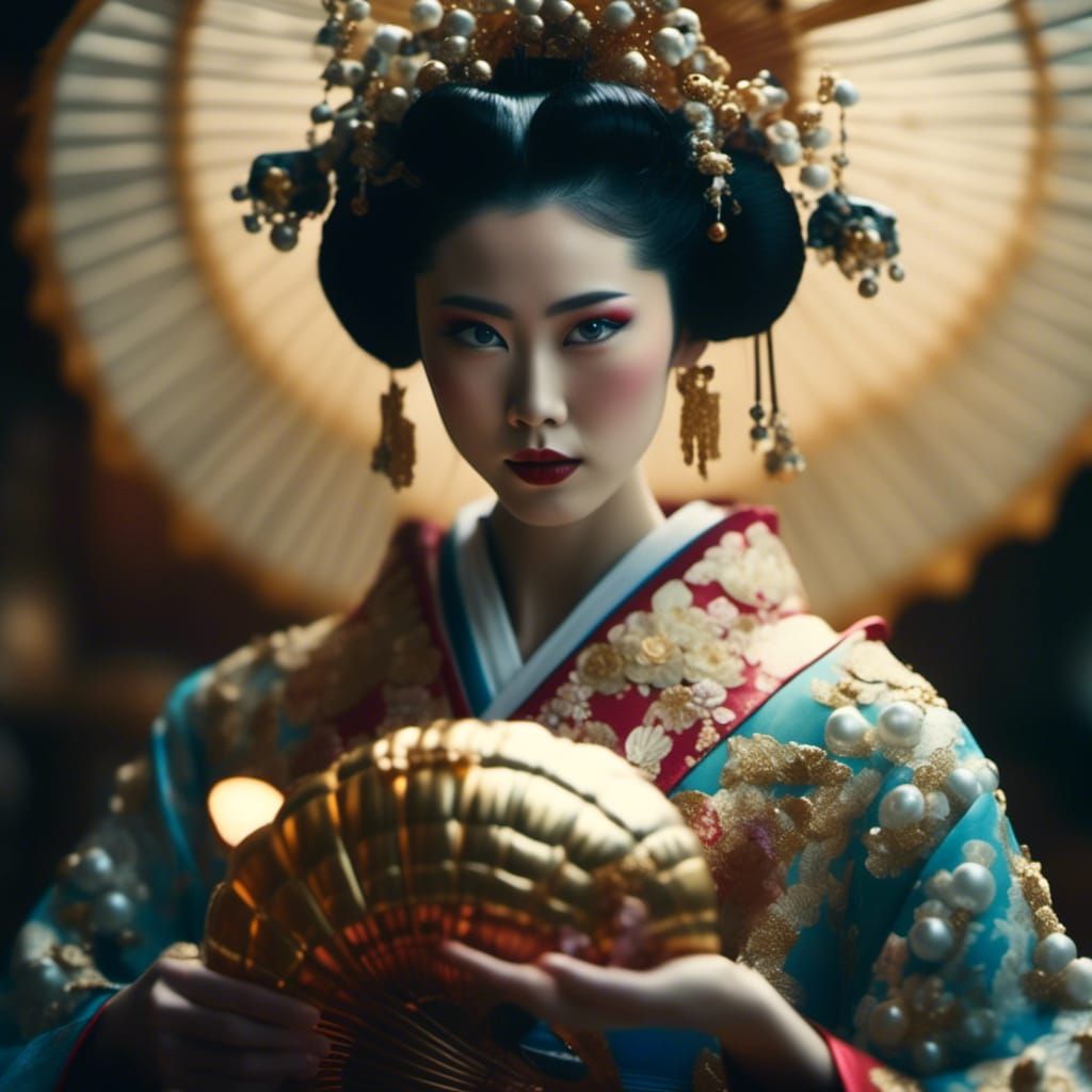 Robotic Geisha with Pearls in Cinematic Style