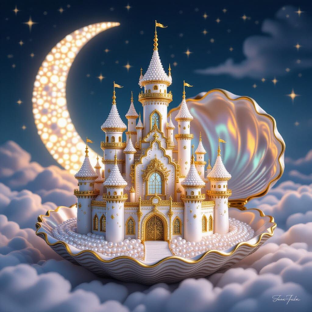 Magical Pearl and Gold Castle Floating on Clouds