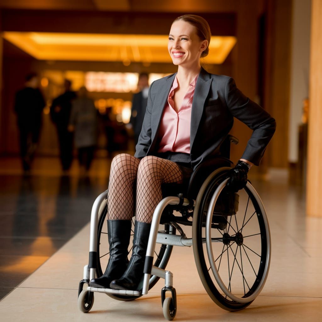 Elegant Woman in Wheelchair in Business Lobby