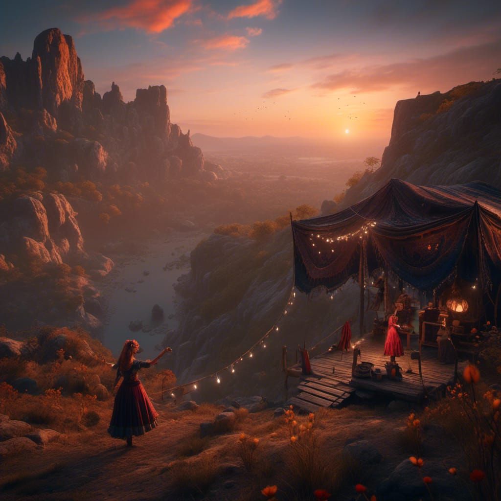 Gypsy Caravan and Girl Dancing at Sunset