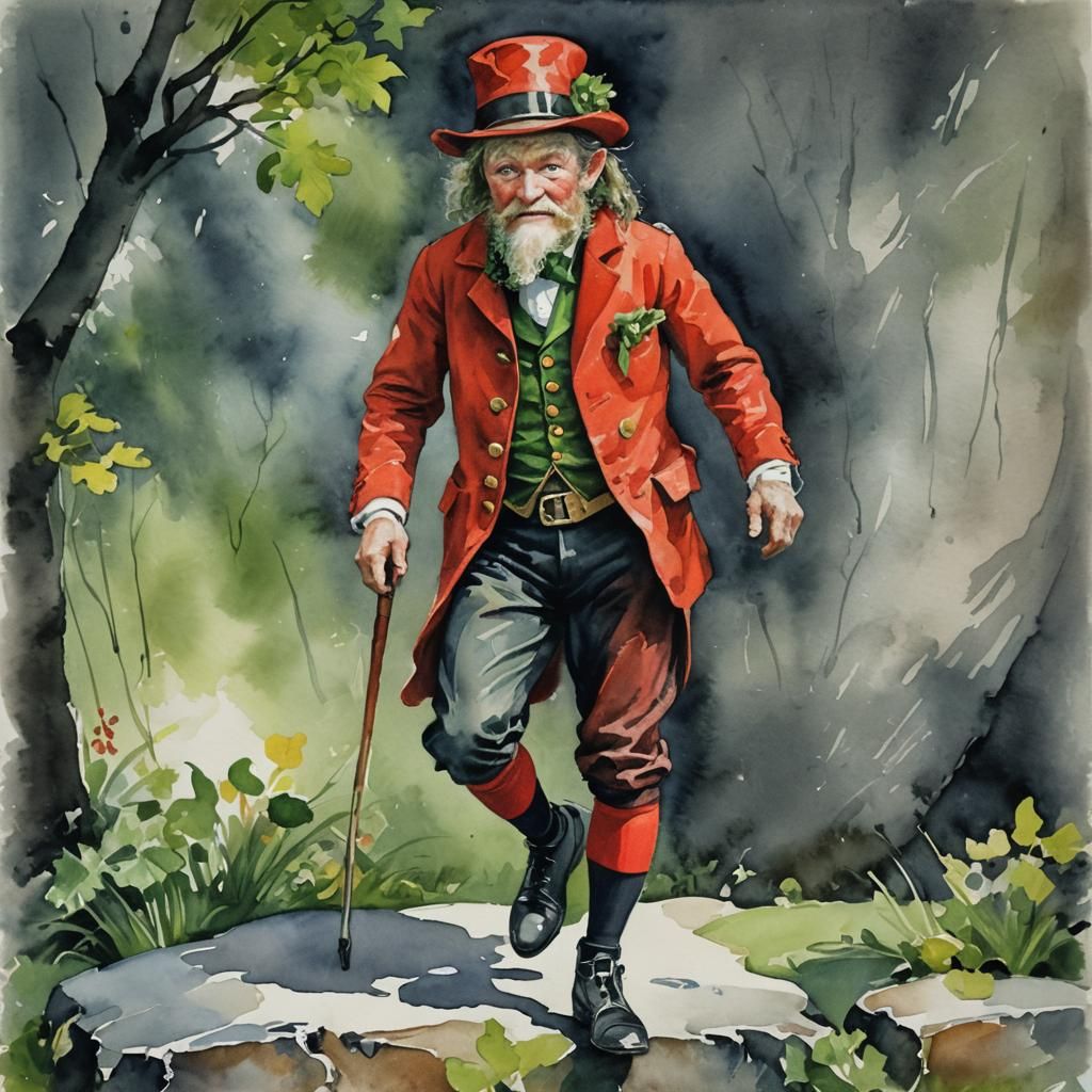 Leprechaun in Red Jacket Gouache Style