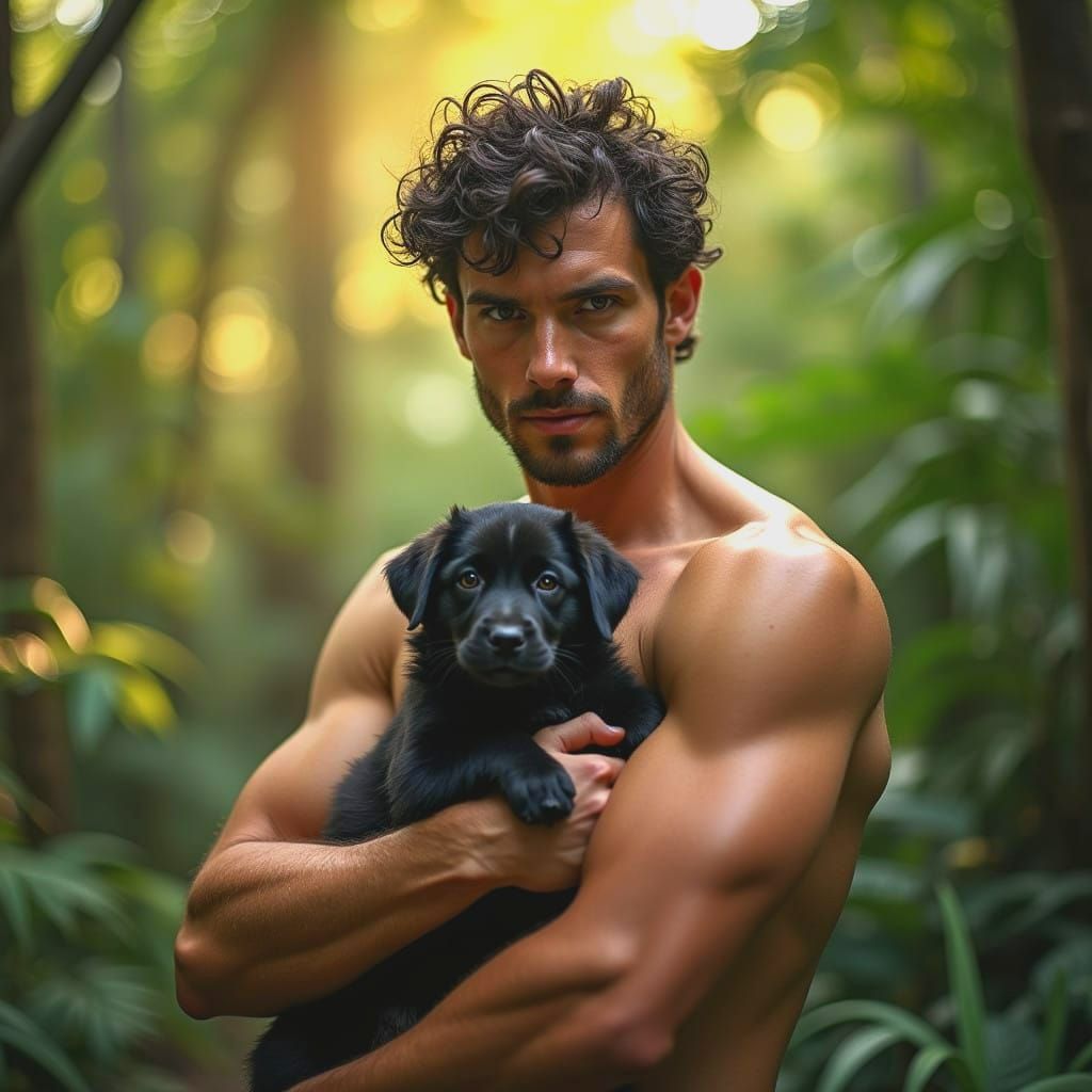 Strong Man with Dark Hair and Curly locks in Forest Landscap...