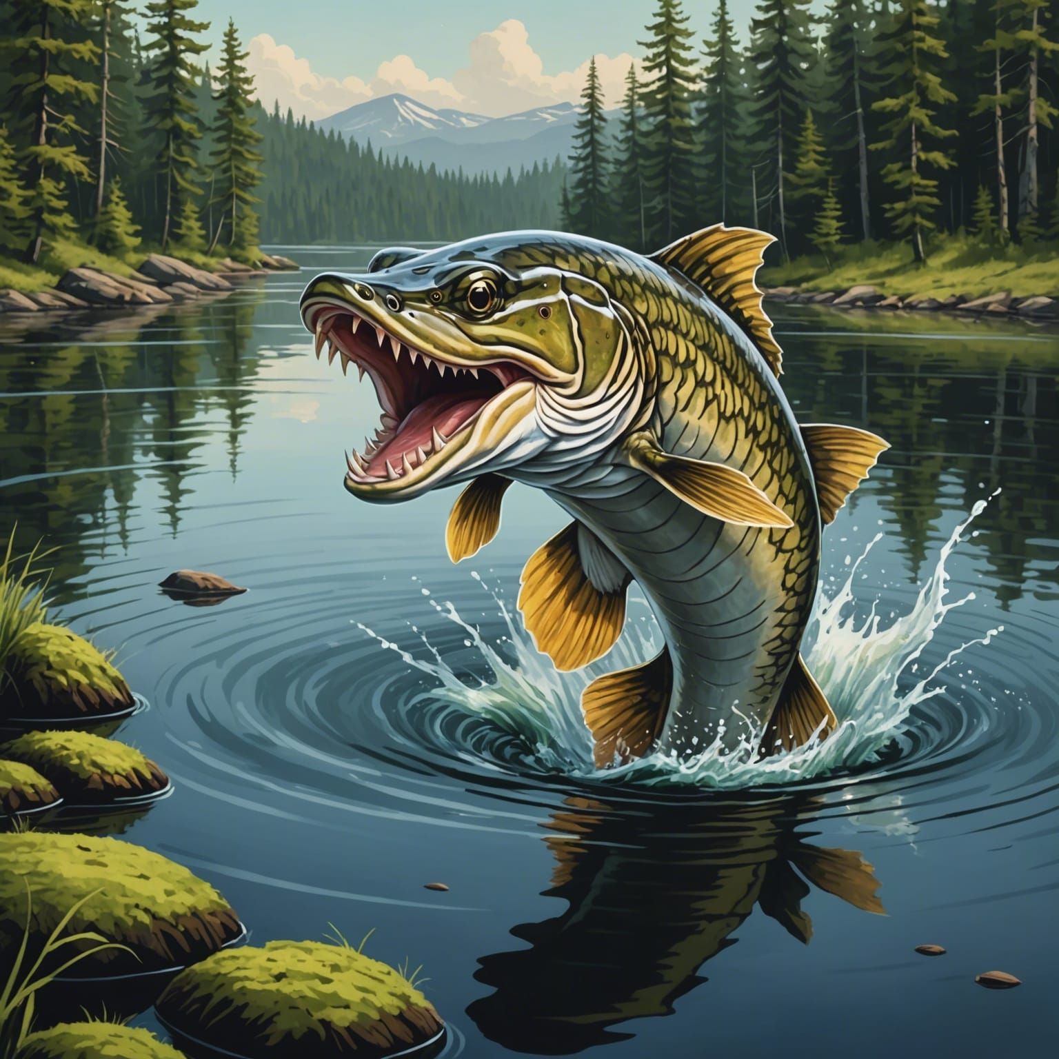 Angry Northern Pike Leaping From Lake: Hand-Painted Animatio...