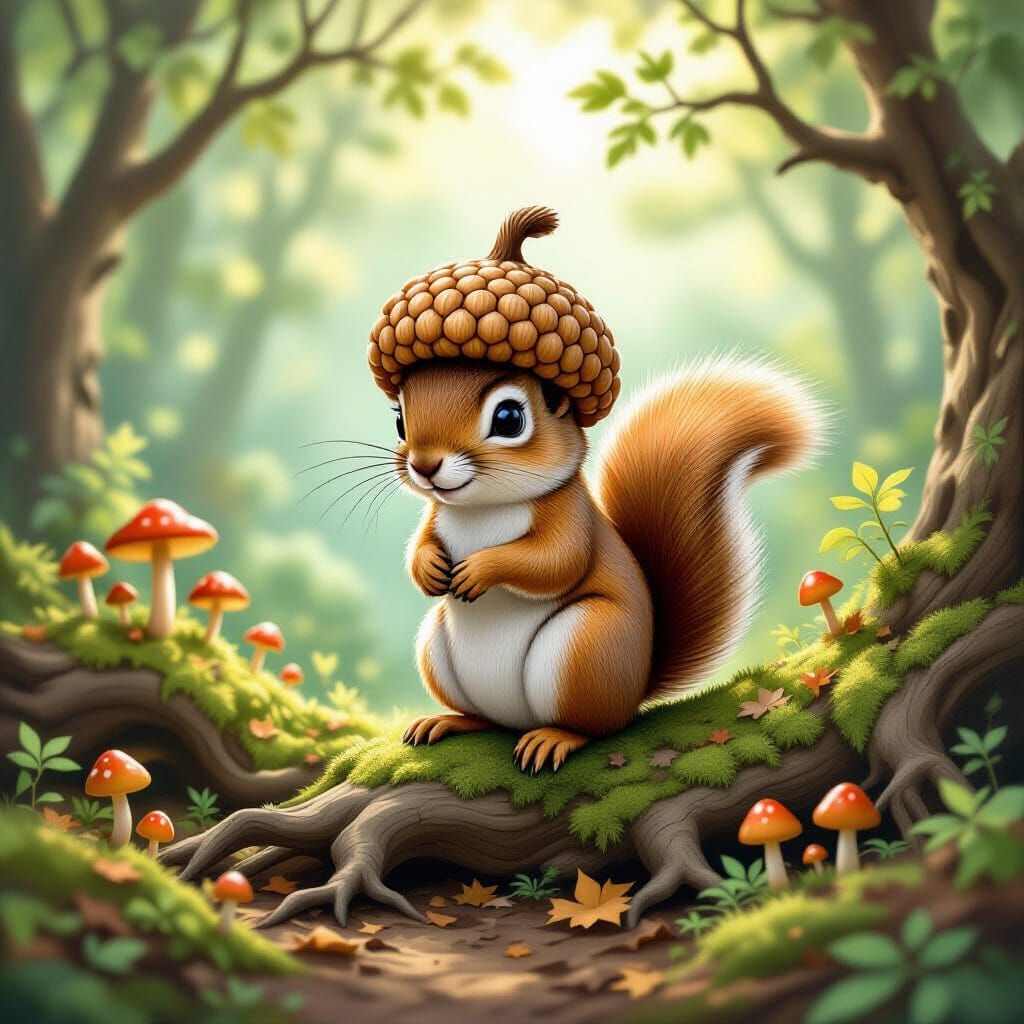 Whimsical Squirrel in Enchanted Forest Illustration