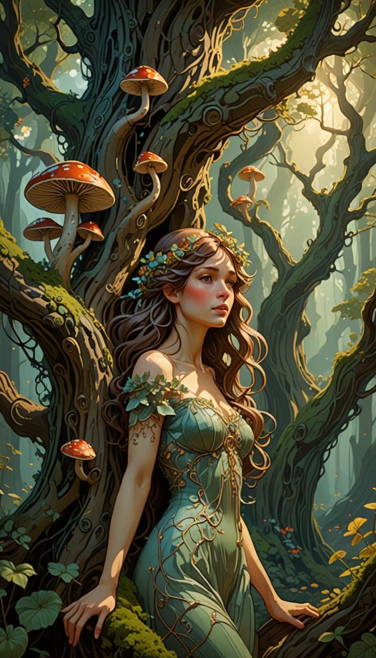 Art Nouveau Woman Beside Ancient Tree in Enchanted Forest