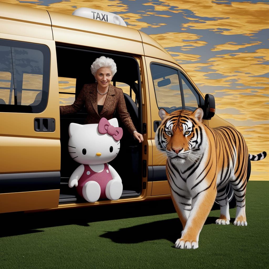 Hello Kitty and Bengal Tiger in Surreal Scene