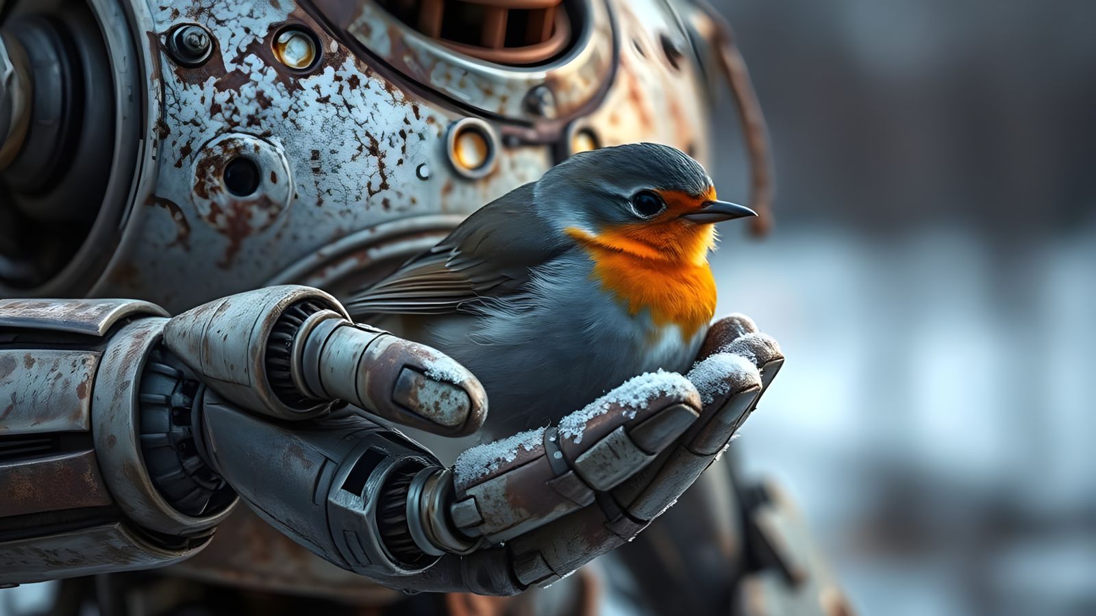 Weathered Robot Tenderly Cares for a Frozen Robin in a Glimm...
