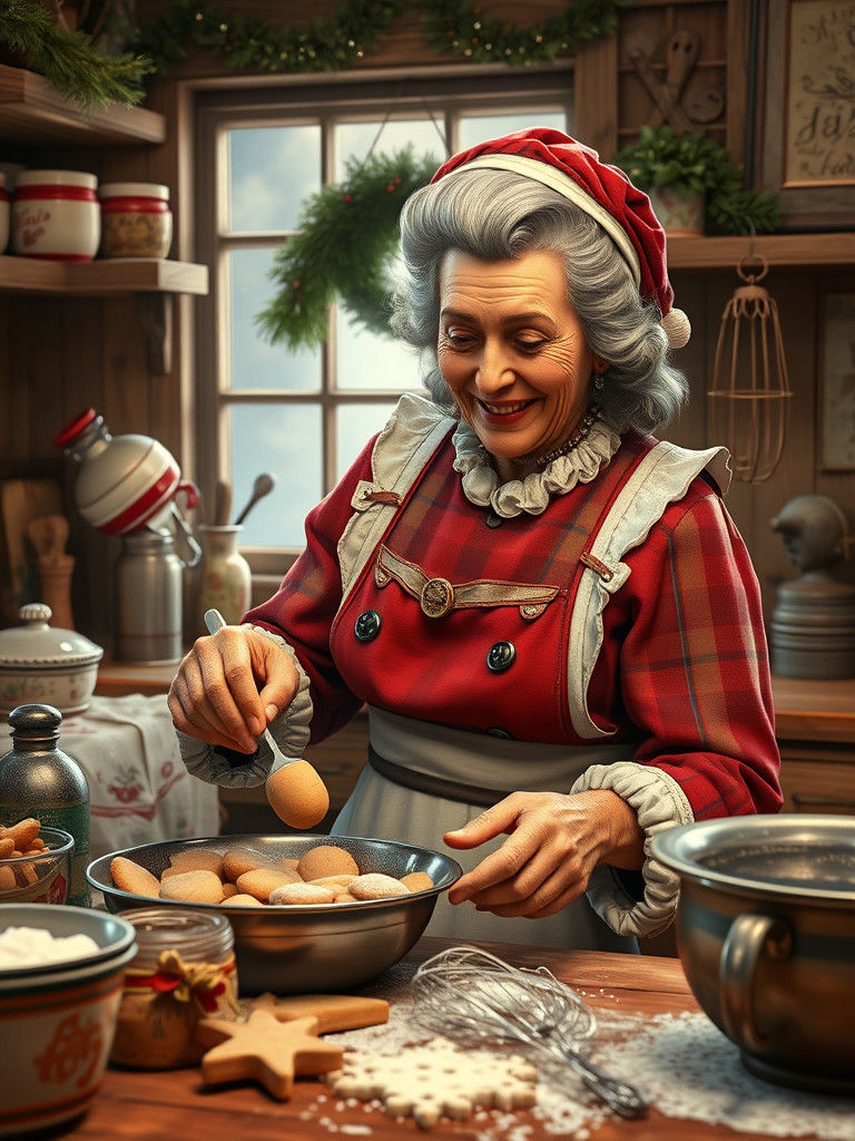 Mrs. Claus Baking Cookies in Shabby Chic Kitchen