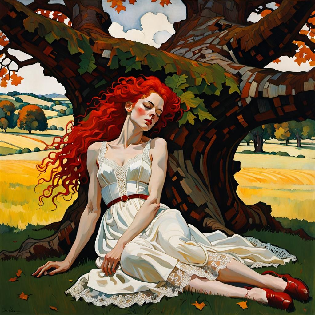 Woman Sleeping Under Oak: Egon Schiele Illustration