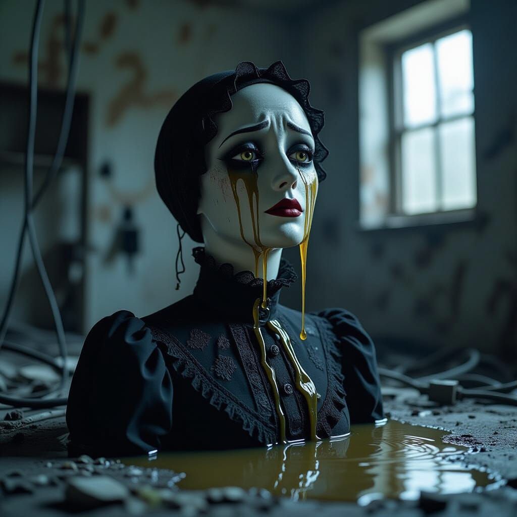 Melting Mannequin Head in Desolate Lab, Dark Fantasy Style