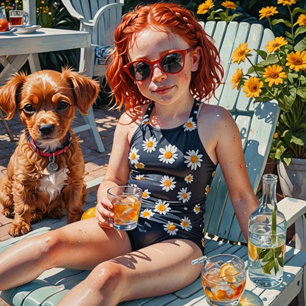 Girl Sunbathing in Garden as Oil Painting