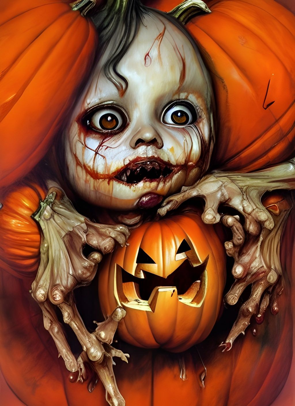 Chibi Halloween Pumpkin in Mixed Media Gouache