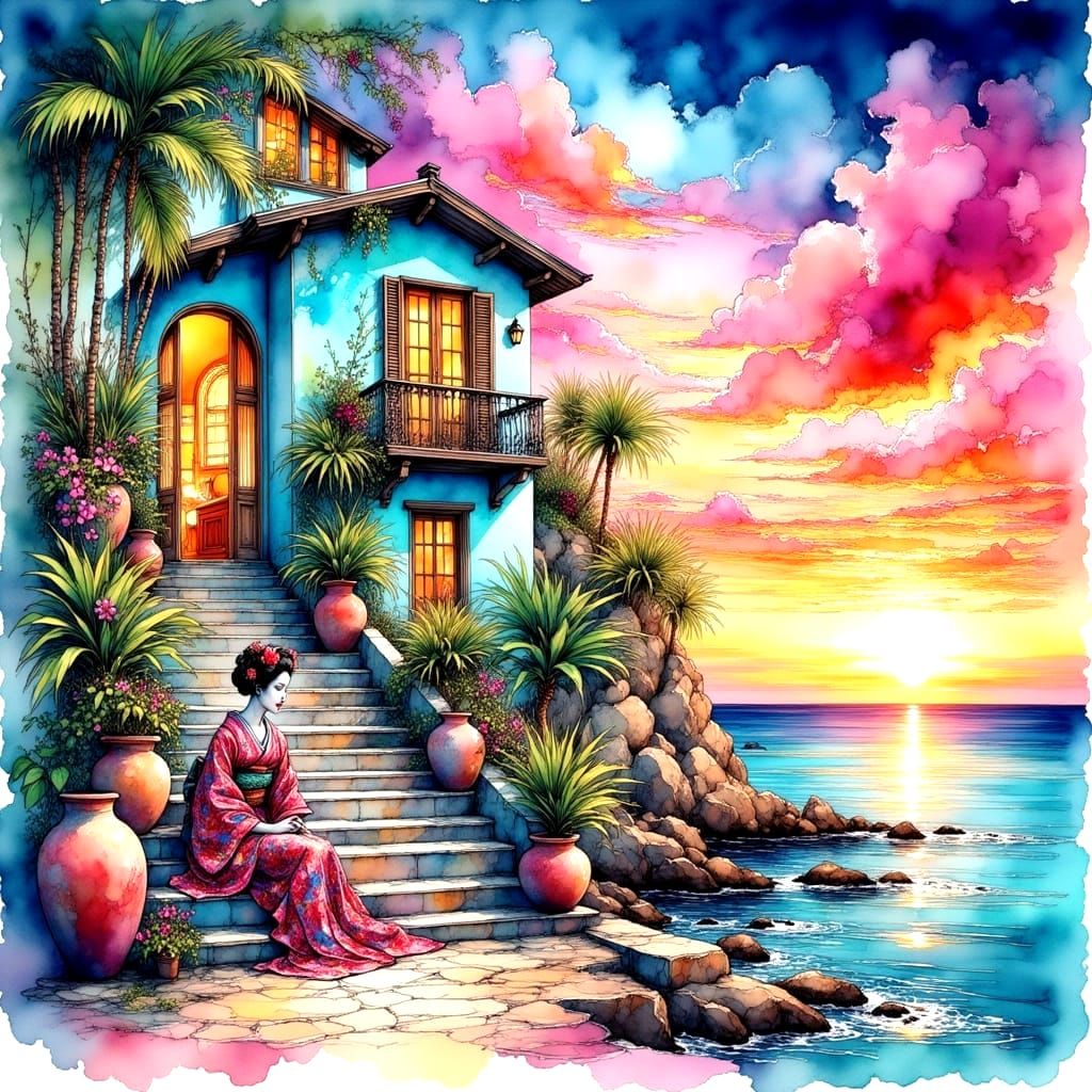 A Serene Geisha's Seaside Retreat in Vibrant Watercolor