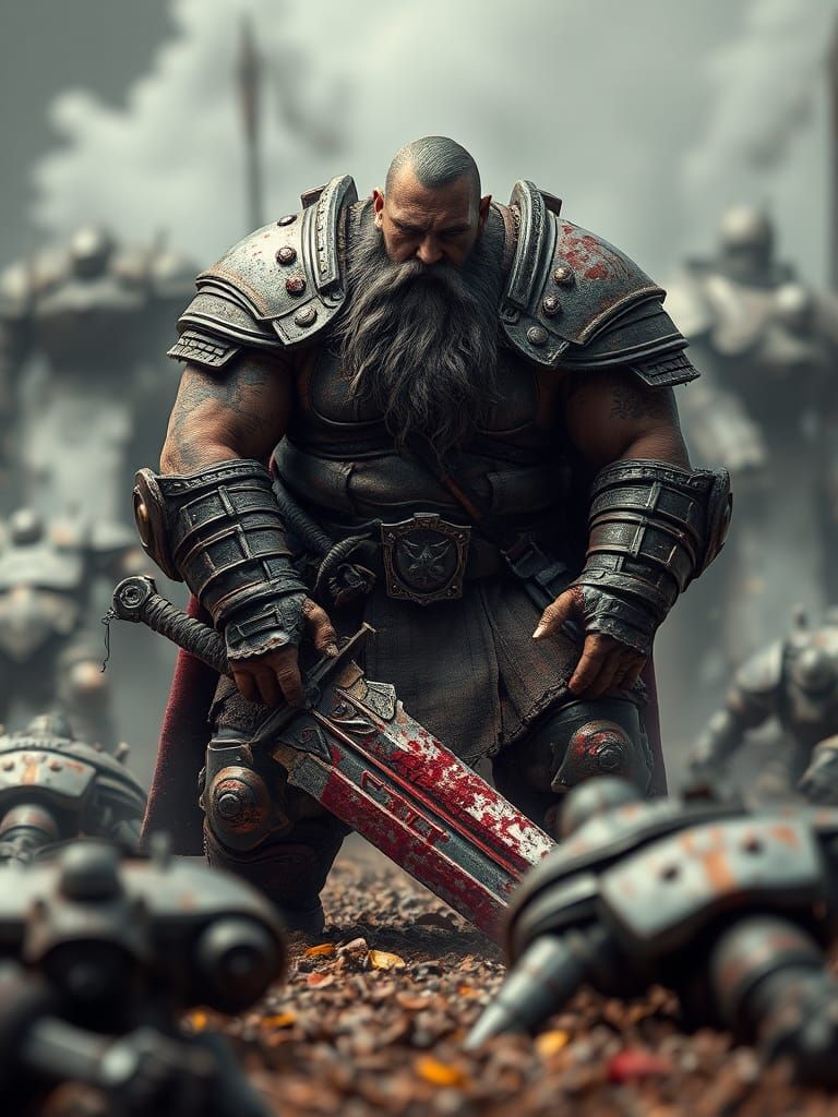 Exhausted Warrior Leans on Sword in Robot Graveyard