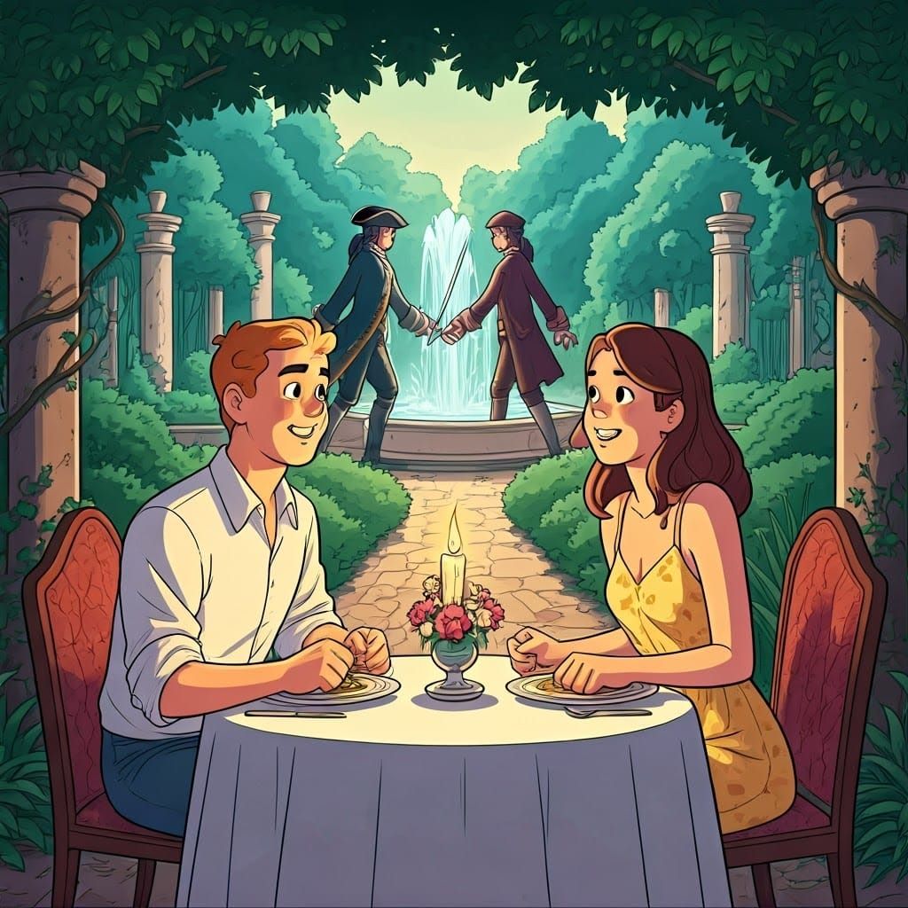 Romantic Comic: Teens' Candlelit Dinner Duel Scene