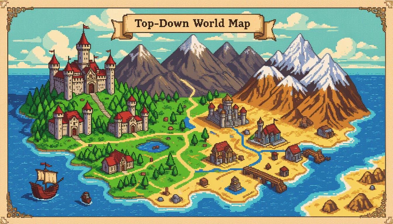 Retro Pixel Art RPG World Map