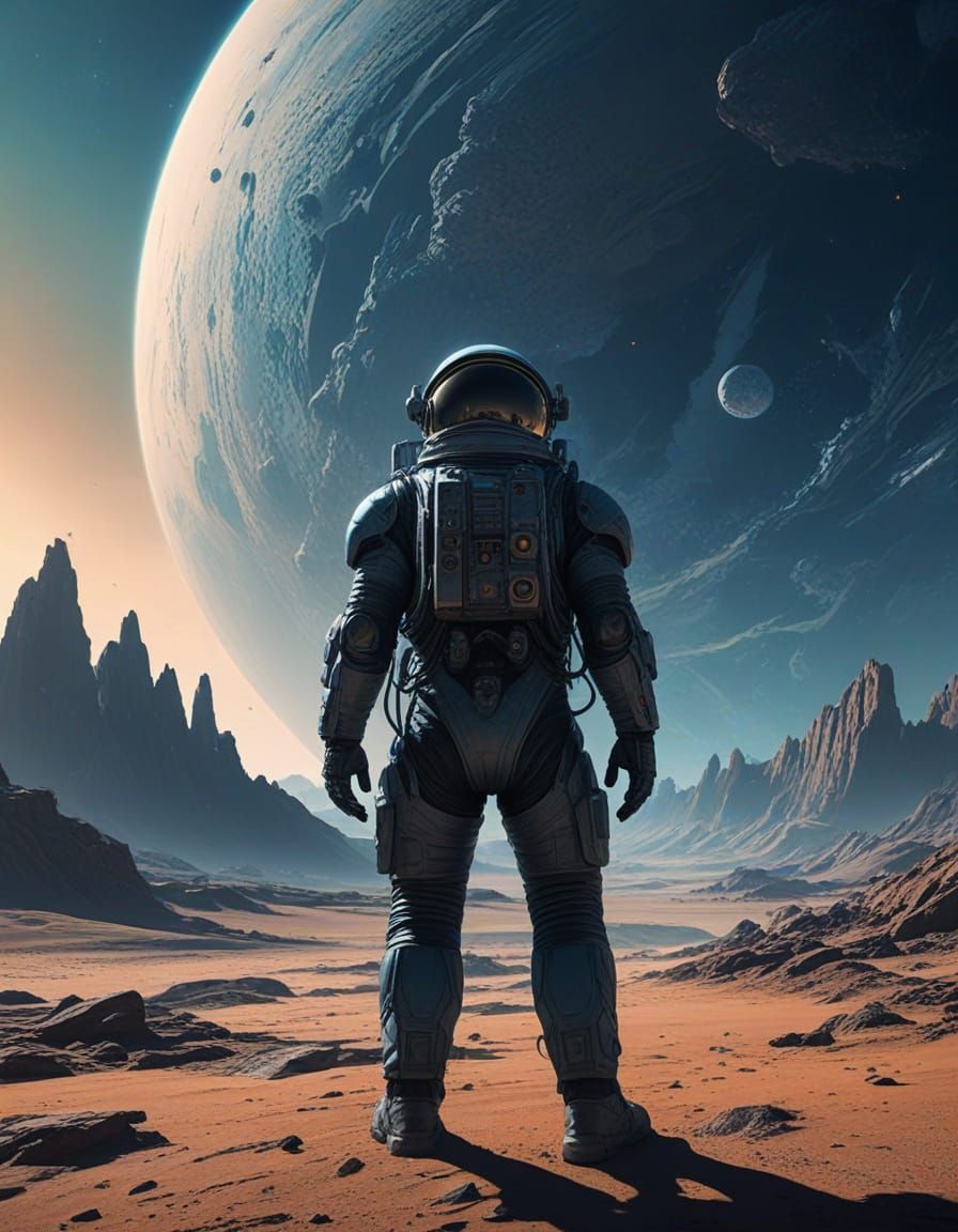 Korean Astronaut Contemplates Alien Nebula in Futuristic Lan...