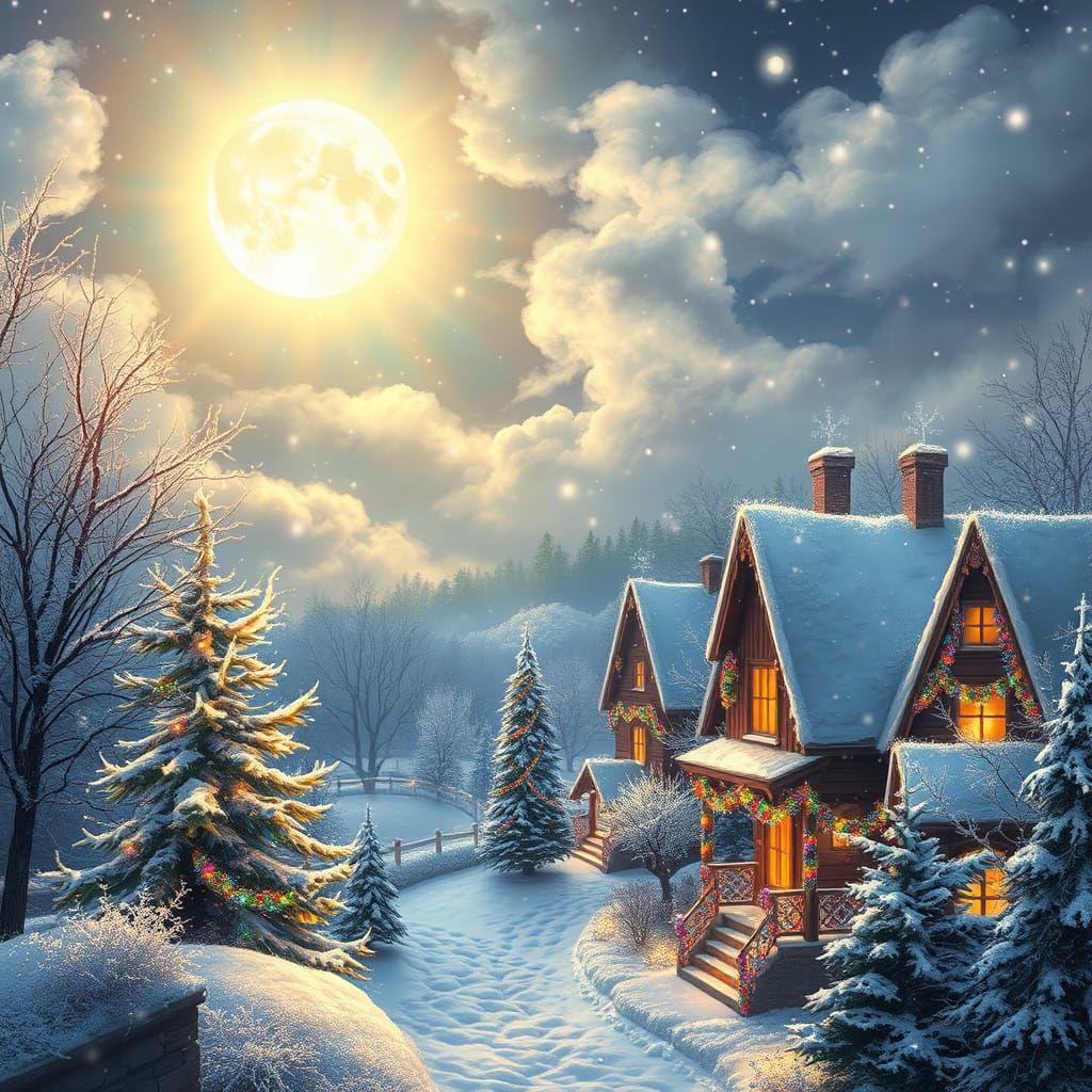 Mystical Moonlit Christmas Scene with Vibrant Garlands