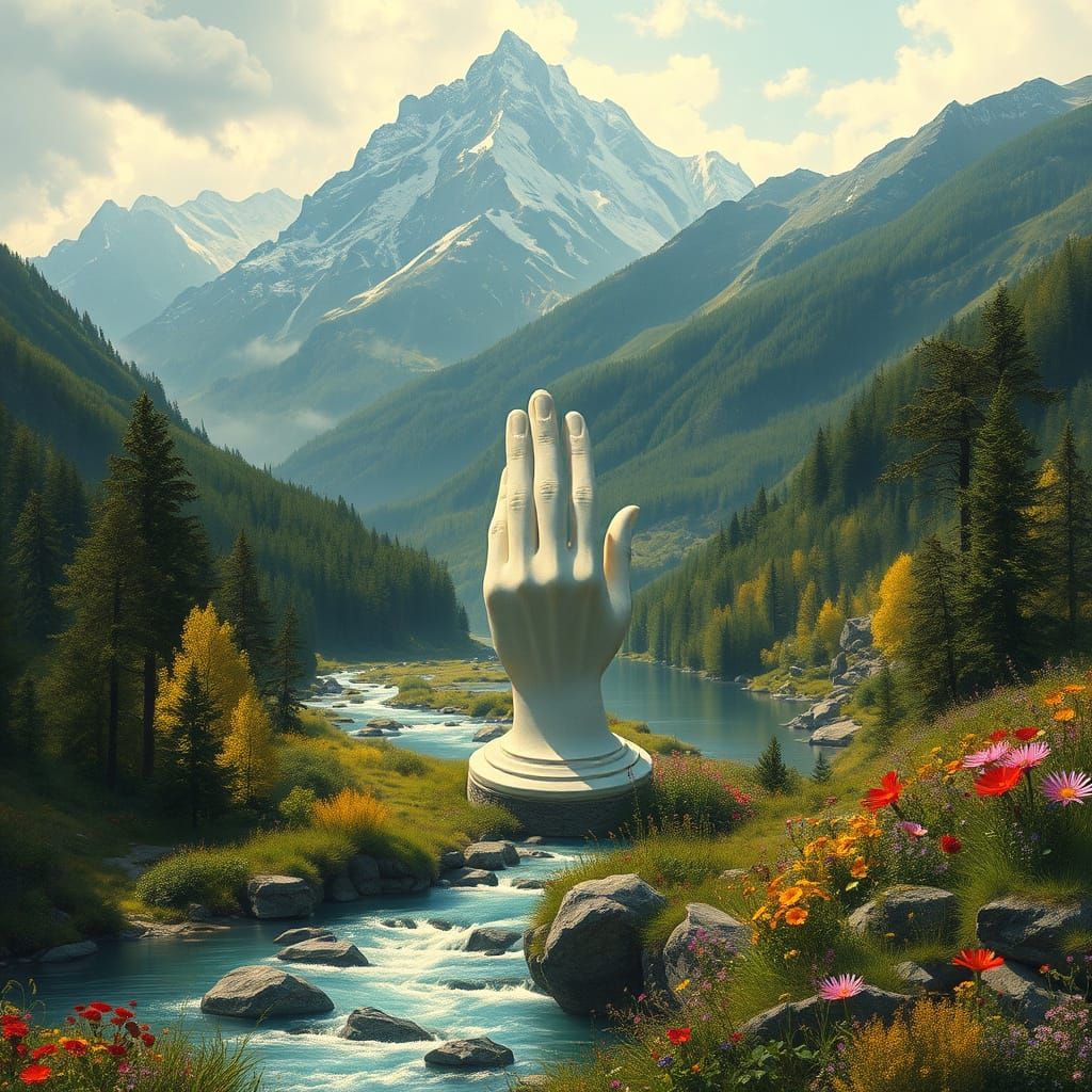 Serene Mountain Landscape with Marble Sculpture in Golden Li...