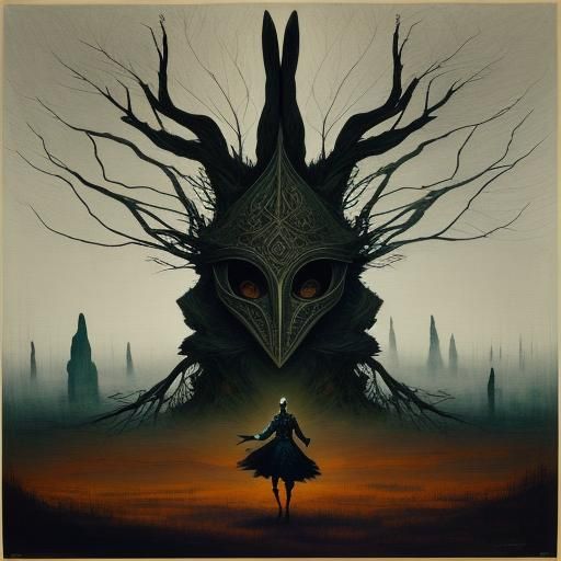 Eerie Masquerade Rabbit in Surreal Expressionist Landscape